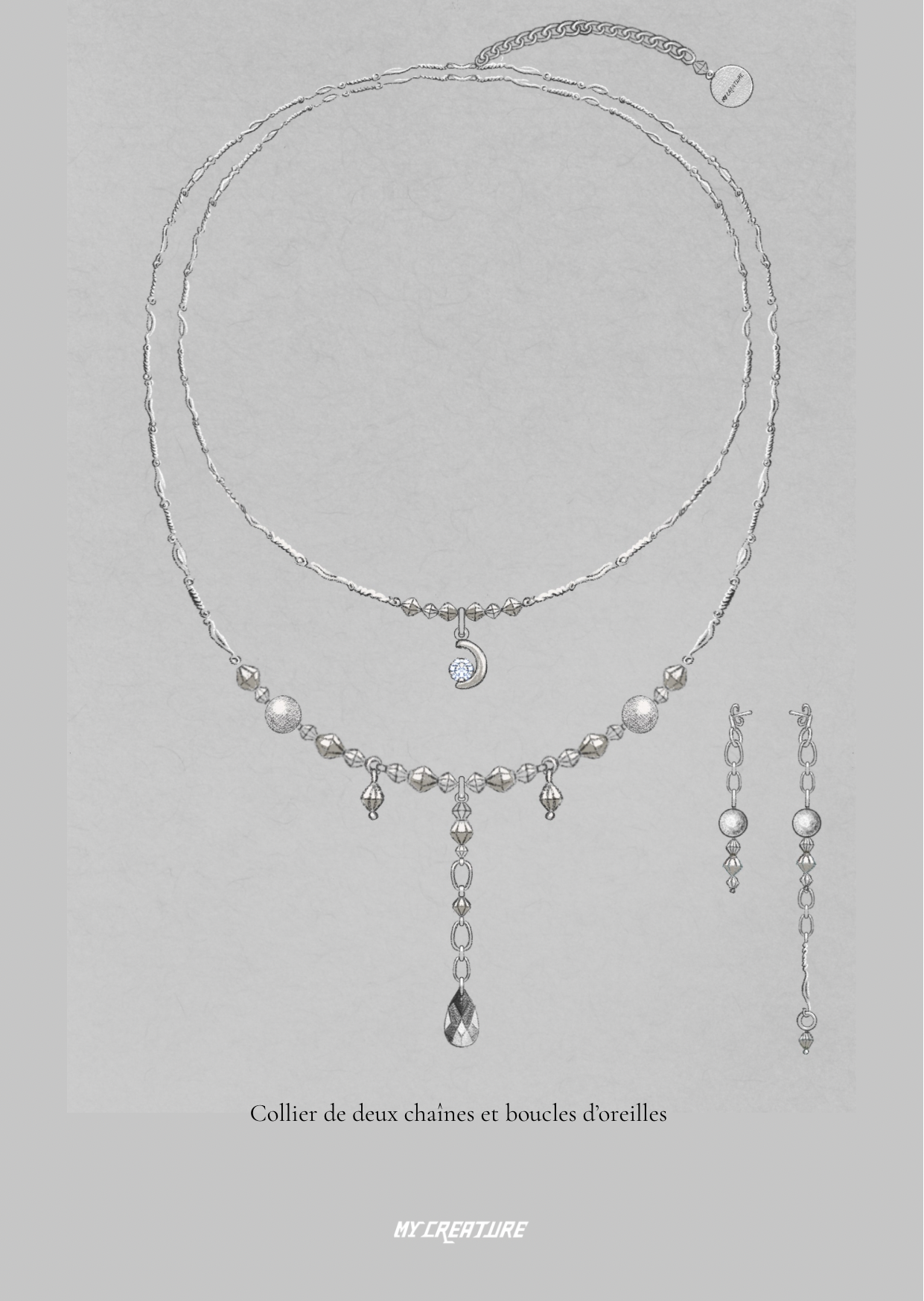 Tiphaine : collier deux chaînes et boucles d’oreilles