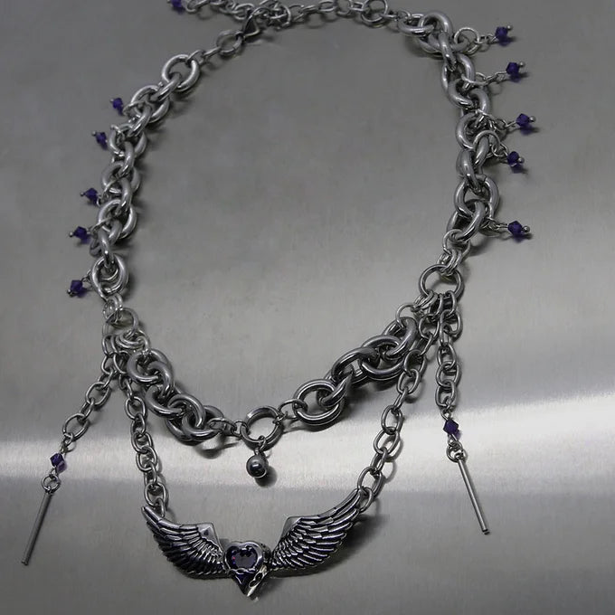 Collier cœur volant et cristaux fait main
